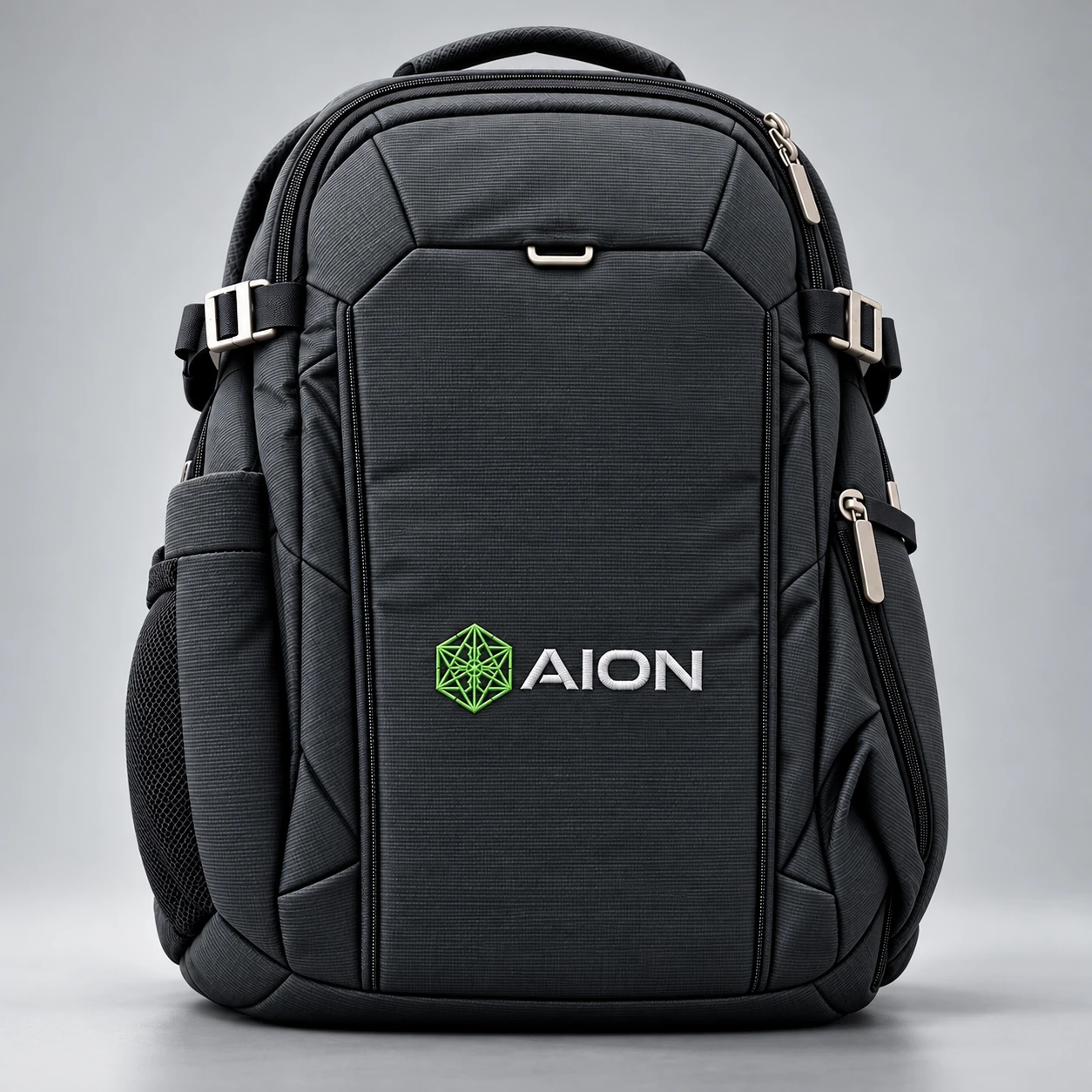 Mockup de AION sobre mochila gris grafito
