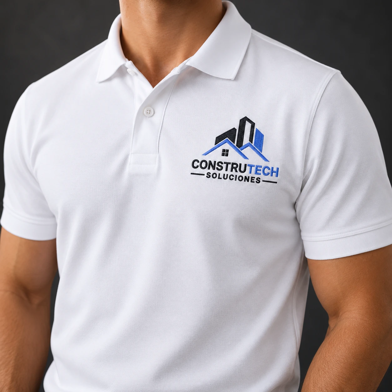 Mockup de Construtech sobre polo blanco