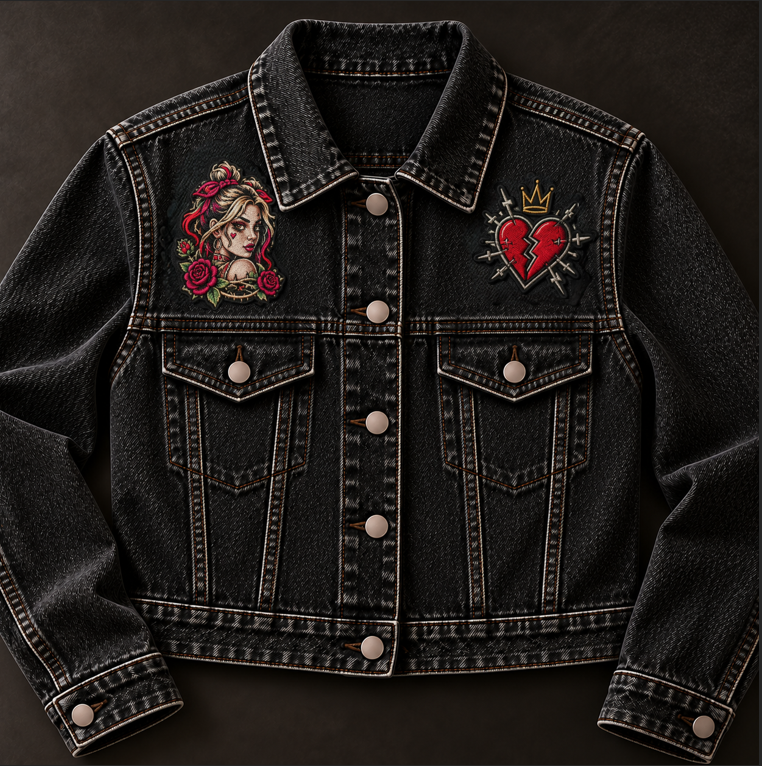 Mockup de chaqueta negra con motivos de chica y corazón bordados